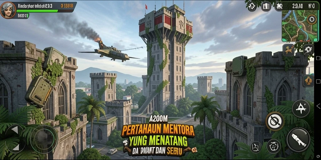 Tangkapan layar utama A200M menunjukkan aksi pertahanan menara yang intens.