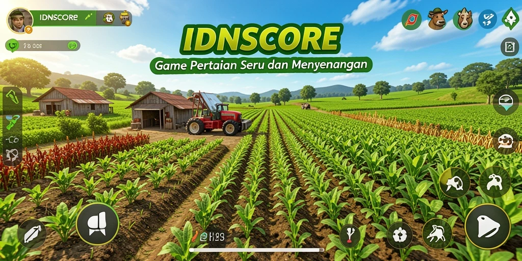 Tampilan gameplay seru dalam IDNSCORE dengan lahan pertanian yang subur.