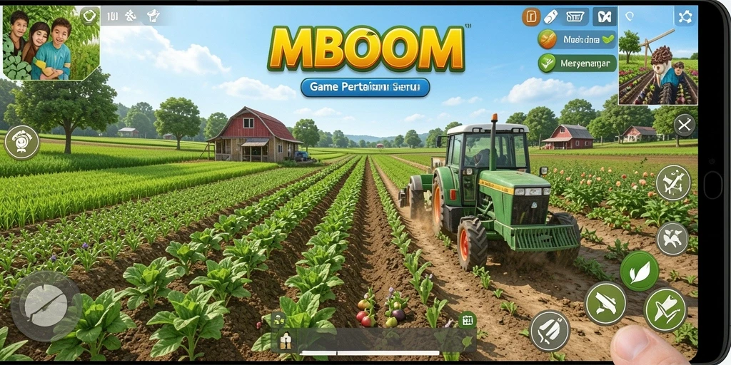 Tampilan gameplay MBOOM yang menampilkan ladang yang indah dan aktivitas bertani.