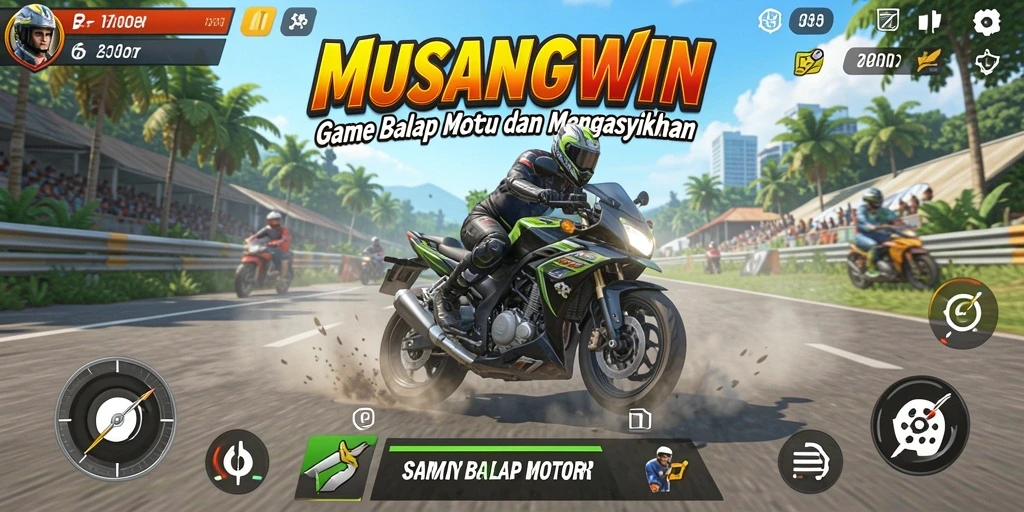 Gameplay seru di MUSANGWIN dengan balapan motor yang mendebarkan.