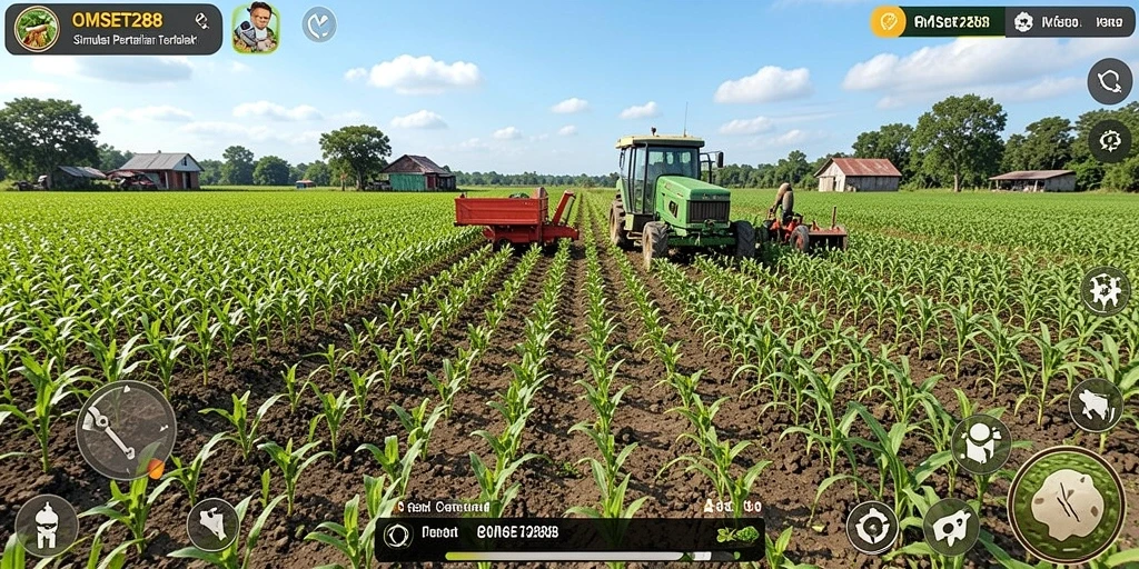 Screenshot gameplay OMSET288 menggambarkan taman yang subur dan aktivitas bertani.