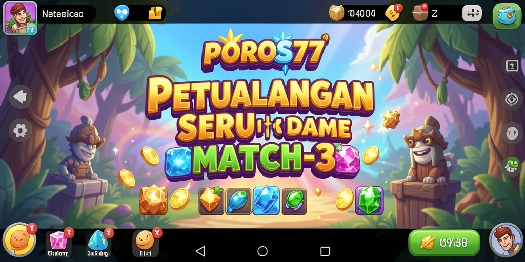 Tampilan gameplay <strong>POROS77</strong> dengan permata yang berwarna-warni dan tantangan seru.