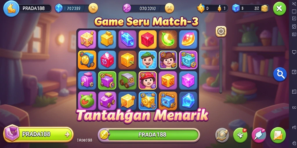 Screenshot utama PRADA188 menunjukkan gameplay Match-3 yang seru dan penuh warna.