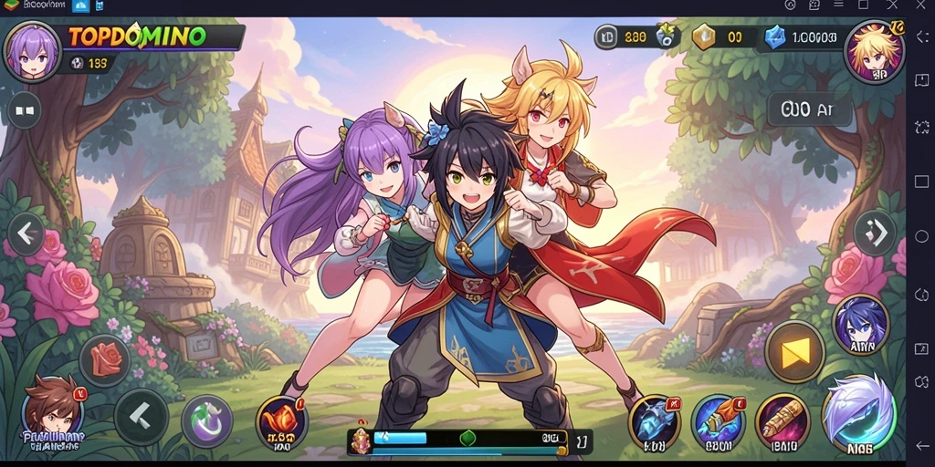 Screenshot gameplay TOPDOMINO dengan karakter anime yang beraksi.