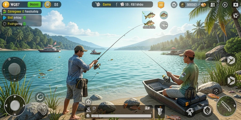 Tampilan gameplay WG87 yang menarik saat memancing ikan di danau.